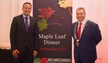 ICBA Chair Chris Collenette in conversation with Tanaiste Leo Varadkar at the ICBA Annual Maple Leaf Dinner 2022