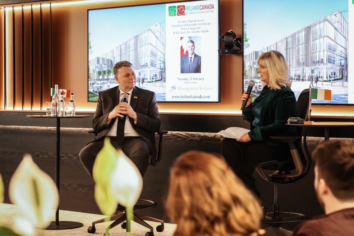 Ambassador Dennis King in conversation with ICBA Chair Dr Deirdre Giblin at FFH Management Services, Dublin.