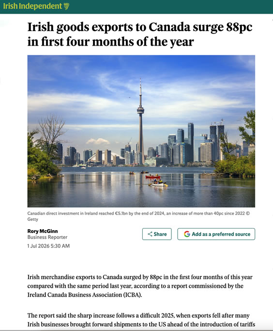 Irish Goods Exports to Canada Surge